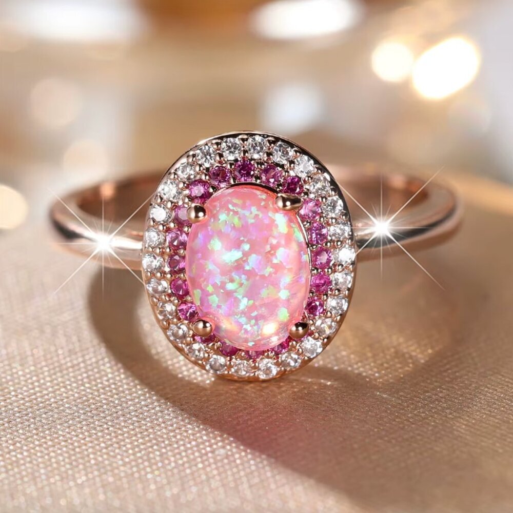 NEW 14k Rose Gold Pink Opal Ring Diamond Halo Ring Band